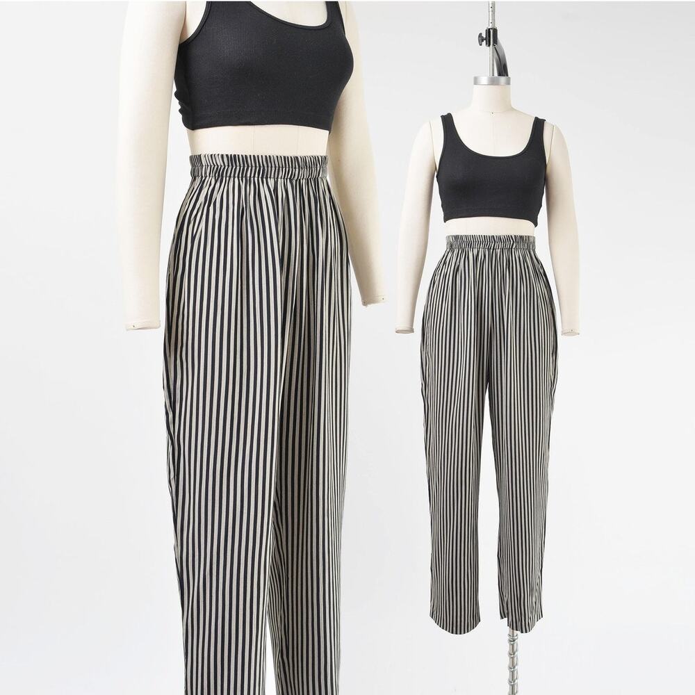 Vintage 90s Black Striped Pants High Waist Elastic Waist Straight Leg XS S